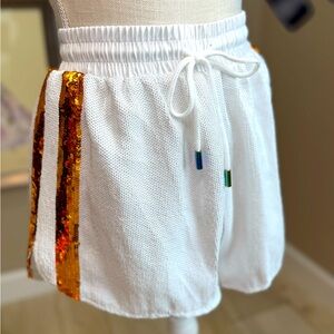 New! QUEEN OF SPARKLES White Full Sequin Shorts with Orange Side Stripes